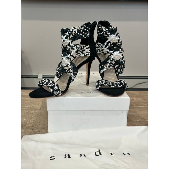 NEW Sandro Agate Vert Sapin Green Black Woven Strap Open Toe Heel Sandal 39 - Picture 5 of 10